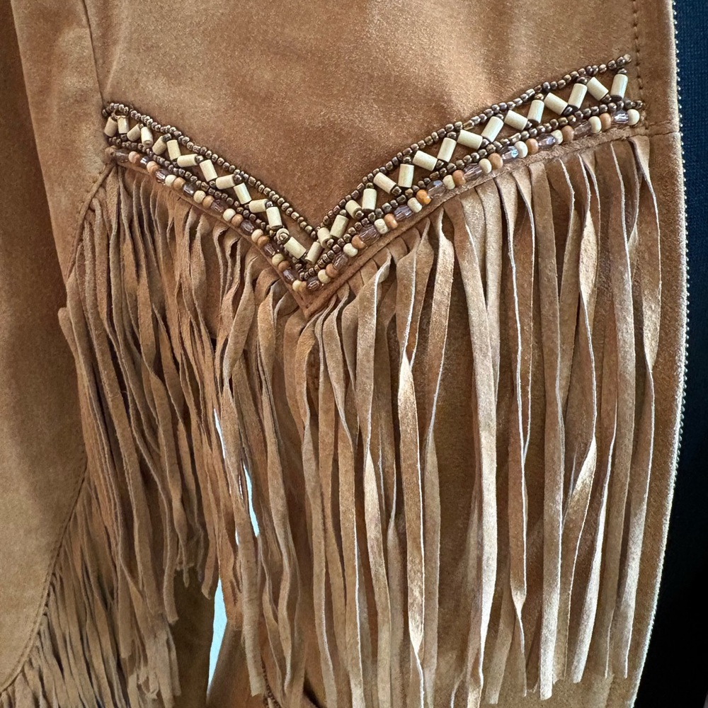 Women's Tan Fringe Leather Jacket - Picture 2 of 7